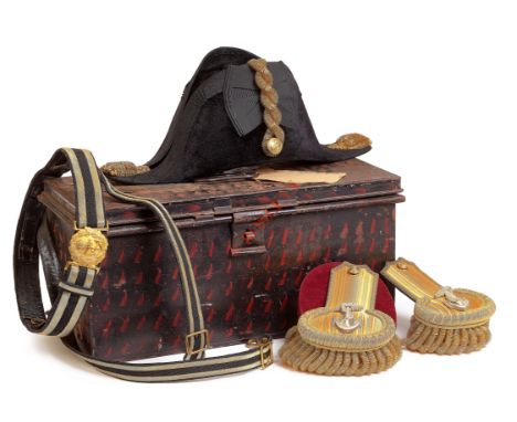 Royal Navy Officer’s Cased Cocked Hat Set. A good example, comprising: Cocked Hat fine black beaver skin example, to the left