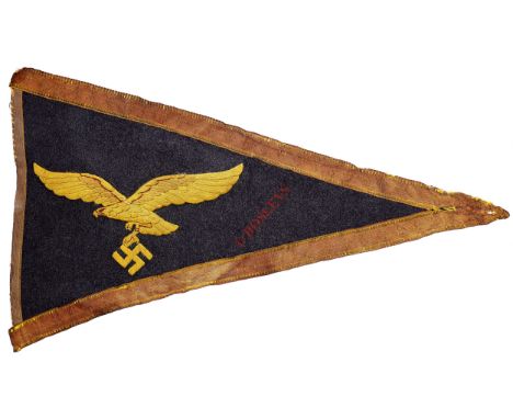 German Third Reich WW2 Luftwaffe General’s Car Pennant.  A good scarce blue grey cloth example of triangular form embroidered