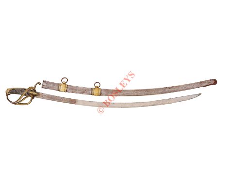 French Napoleonic War Period Hussar Officer’s Sword. This example with a single edged curved 32 1/2 inch blade with engraved 