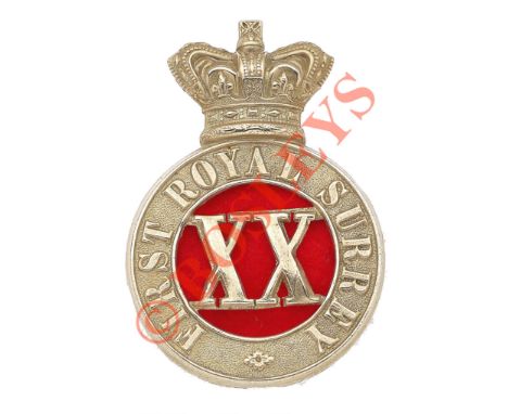 1st Royal Surrey Militia Victorian OR’s glengarry badge circa 1874-81. A good die-stamped white metal example. Crowned circle