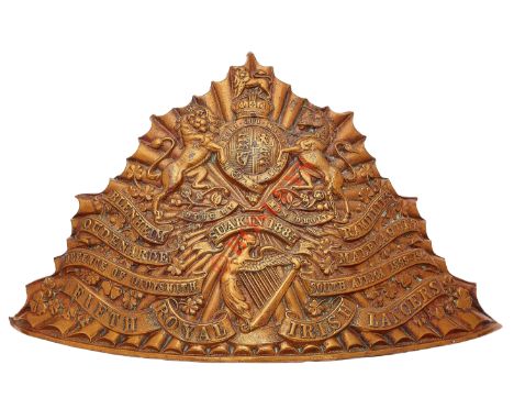 5th Royal Irish Lancers OR’s lance cap plate circa 1905-14. A good and scarce die-stamped brass triangular fluted plate beari