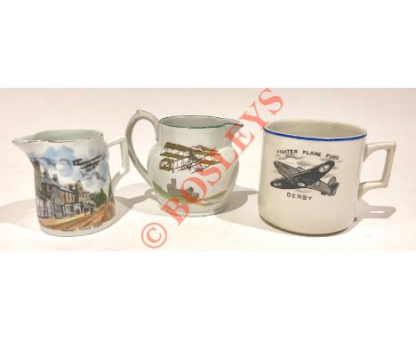 Pioneer Aviation Pottery Jugs. Two interesting and scarce small water jugs, the first depicts a colour transfer of a Farnman 
