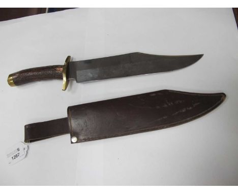 R &amp; R Middleton, Sheffield Bowie Knife, brass guard, leather sheath, blade 26cm