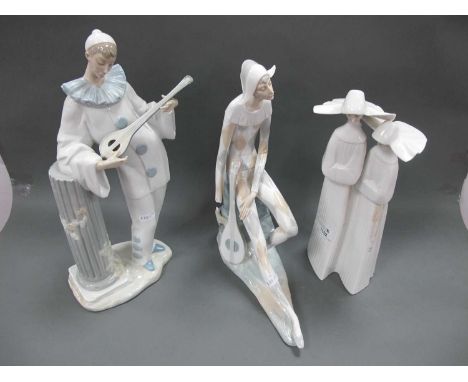 Lladro Figure of Two Nuns, No 4611, Spanish figure of a clown and a Nao figure of Harlequin (damaged finger). (3)