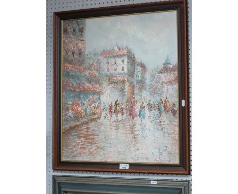 French Impressionist Street Scene Figures in Foreground, mid to late XX Century oil on canvas, laid on board, signed indistin
