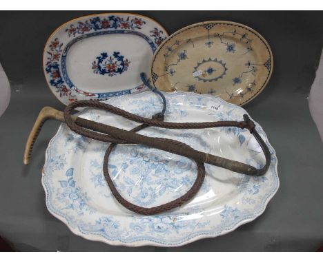 Gentleman's Hunting Whip With Antler Grip. Wedgwood meat plate with draining facility (cracked), two smaller (4).