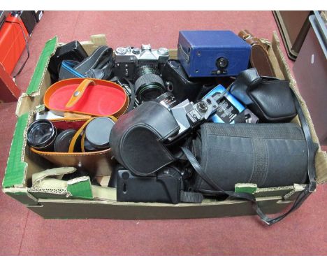 Zenit E.M Camera, Praktica LLC Camera, Ajax 10 x 50 binoculars, Olympus AZ-300 Super zoom camera, other cameras etc:- One Box