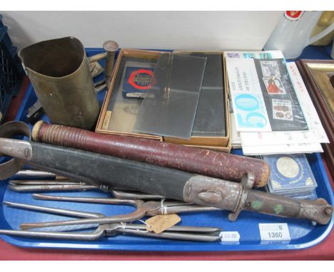 XIX Century Bayonet Stamped E.F.D, truncheon, stamps, trench art mug, black white slides:- One Tray.