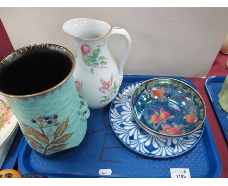 Crown Devon Art Deco Vase, with leaf and berry design on mottled green ground, Mailing Cetem ware bowl, midwinter pale jug.