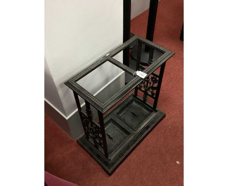 XIX Century Cast Iron Stick Stand, with central divider, openwork supports, drip trays, RO258D No 43, 58cm high and wide.