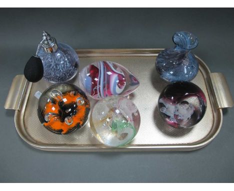 Caithness glassware comprising of paperweights one in Moonflower pattern, vase and atomiser. (6)