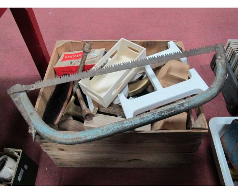 Tools; A box of vintage tools to include Planes, blowtorch, Lucas Pressure Guage, Saw Set, various brushes saw and various wo
