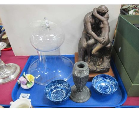 Glass Bell, The Kiss Statue, on a wooden base, Japanese candlestick, etc:- One Tray.