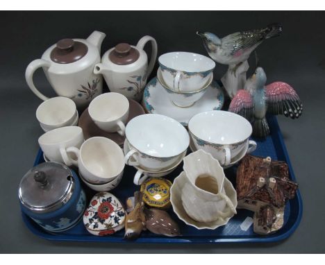 Poole Coffee Ware, Doulton 'Marlborough' tea ware, Wedgwood jam pot, ceramic birds, model cottage:- One Tray.