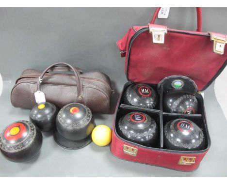 Thomas Taylor Challenger Lawn Green Bowls (x 4) jack and plaque, in case. Pair of Greenmaster A.F Ayers smaller examples and 