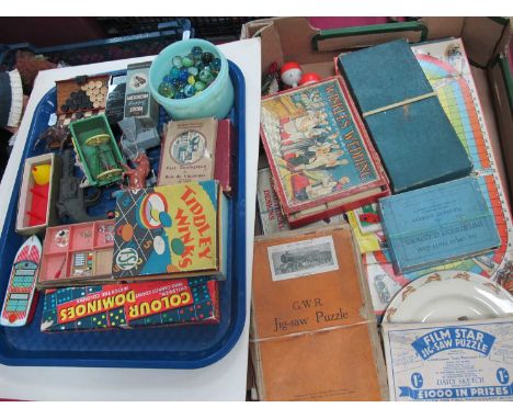 A Box of Vintage Toys, including G.W.R. jigsaw, Winkles Wedding, Scrabble, etc; plus a tray of small games including miniatur