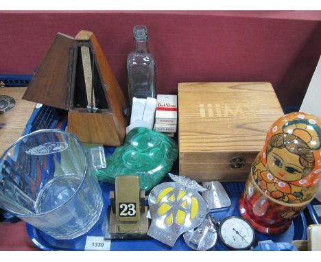 Maelzel Metronome, Russian Matryoshka doll, brass desk calendar, 'AA' badge, Moet &amp; Chandon glass ice bucket, etc:- One T