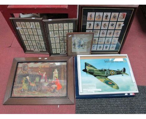 Dickins Characters Cigarette Card Montages, oak framed prints, Spitfire glass wall plaque. (6).