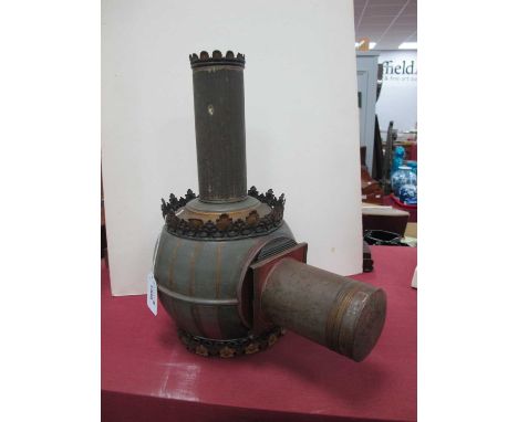 An Unusual Victorian Tinplate Globular Magic Lantern, in original green/red/gold paintwork, 32cm high.