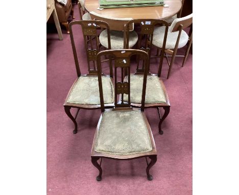 Set of Four Mahogany Art Nouveau Bedroom Chairs, with inlaid splats with mother of pearl inserts, uphostered seats on cabriol