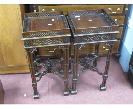 Pair of Chinese Chippendale Style Hardwood Jardiniere Stands, each with pierced gallery to 33cm square top on bamboo effect s