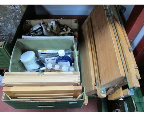 Painting equipment to include a Mabef Italian travelling easel, two other smaller examples, together with many paints includi