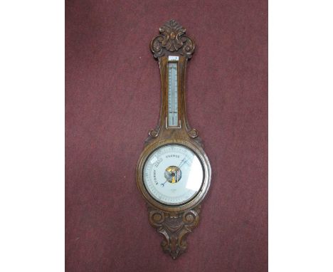 Dolland of London Oak Wall Barometer with thermometer to the neck, 87cm high.