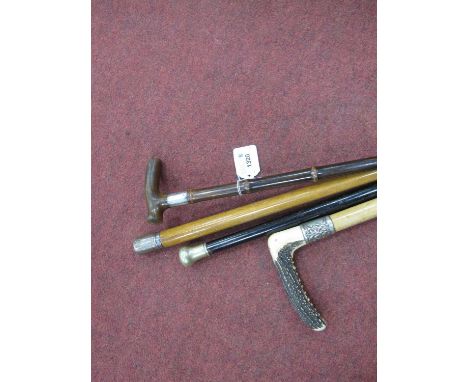 Horn Handled Walking Cane, with silver ferrule, silver and plated topped canes, bone handled riding crop (4).