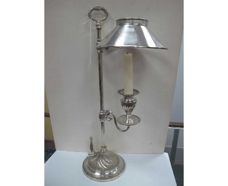 A Circa Late XIX/Early XX Century Silver Plated Adjustable Candle Lamp, with original shade and snuffer (the very heavy base 
