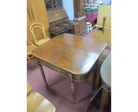 XIx Century Mahogany Tea Table, with 'D' ended fold over top, on ring turned legs, 91.5cm wide.