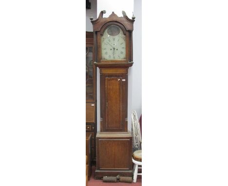 Late XVIII/Early XIX Century Oak Mahogany 8 Day White Dial Longcase clock, (Farror - son Pontefract), hood with an arched doo