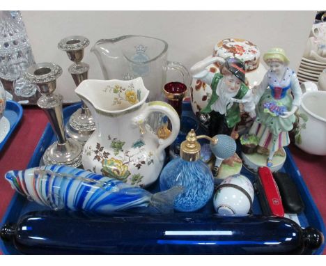 Blue Glass Rolling Pin, fish, atomiser, Mason's 'Brown Velvet' ginger jar and cover and 'Formosa; jug, plated candlesticks, f