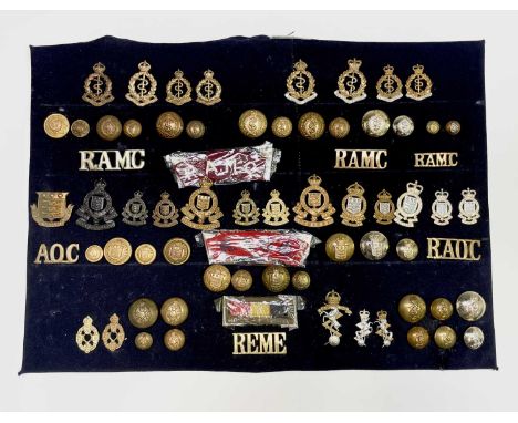 RAMC, RAOC, REME Corps Regiments. A display card containing cap badges, collar dogs, shoulder titles and buttons. Noted: All 