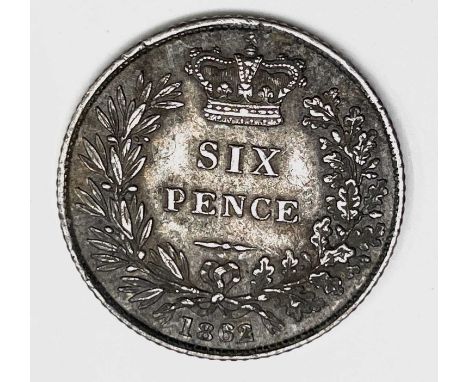 Great Britain Silver 6d Queen Victoria - Select example 1862. Rare 1862 (990,000 minted) nicely toned VF and good detail.

Co