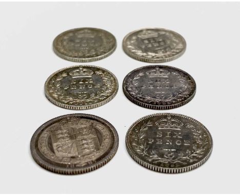 Great Britain Silver 6d Queen Victoria - Select examples 1887 - 93 (x6). 1887 Garter, 1888, 1889, 1890, 1891, 1893. (Total 6 