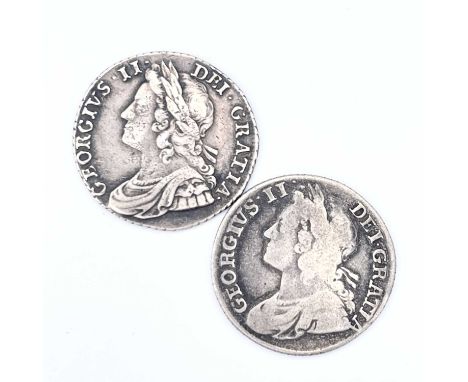 George II Shillings x 2. 1734 Roses &amp; Plumes VF, 1739 Roses F.

Condition: please request a condition report if you requi
