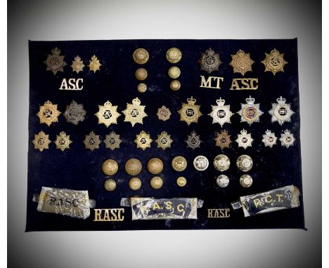 Royal Army Service Corps / Royal Corps of Transport. A display card containing cap badges, collar dogs, shoulder titles and b