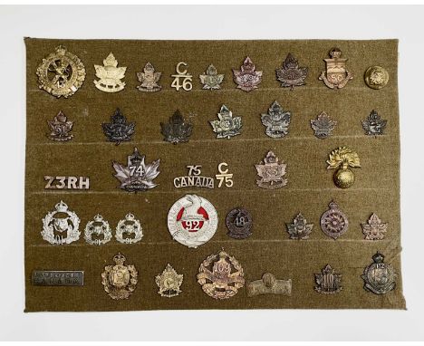 Canadian Expeditionary Forces 43-112 Battalions. A display card containing cap badges, collar dogs, shoulder titles and butto