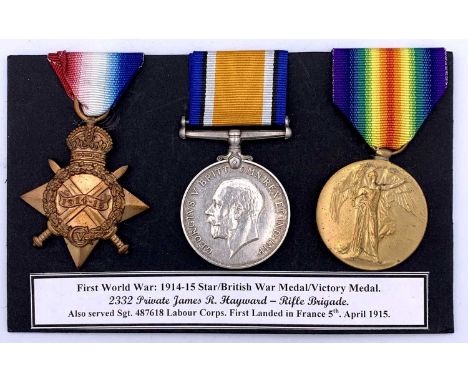 1st World War 1914-15 trio Awarded to 2332 acting Corporal later acting Sargeant James R Hayward Rifle Brigade. Also served a