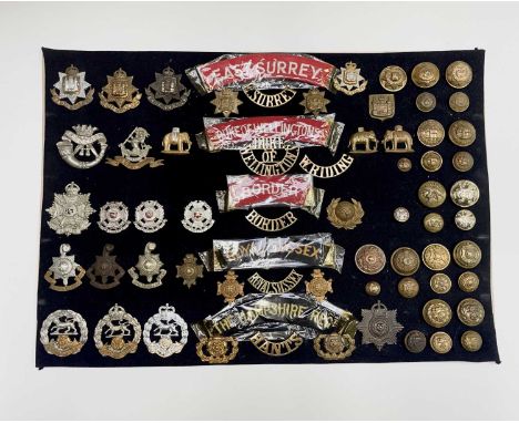 English Regiments - 31st-37th Foot. A display card containing cap badges, collar dogs, shoulder titles and buttons. Noted: Ea