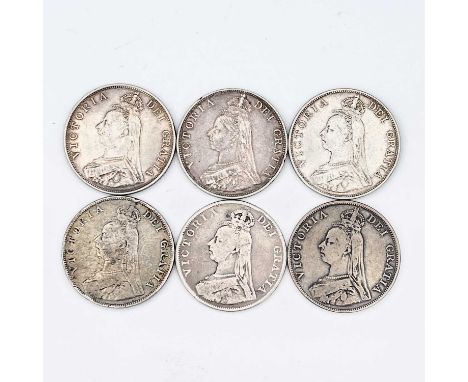 Queen Victoria Double Florins (x6) 1887, 1889, 1890 (x2 of each). Condition poor - VF+ and one previously mounted as brooch.
