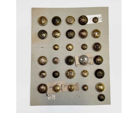 Numbered U.K. 19th Century Regiment Buttons. A card displaying 30 large, medium and small sized buttons ranging from 4th to 9