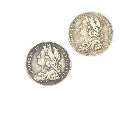 George II Shillings x 2. 1727 Plumes VF, 1727 Roses &amp; Plumes VF.

Condition: please request a condition report if you req