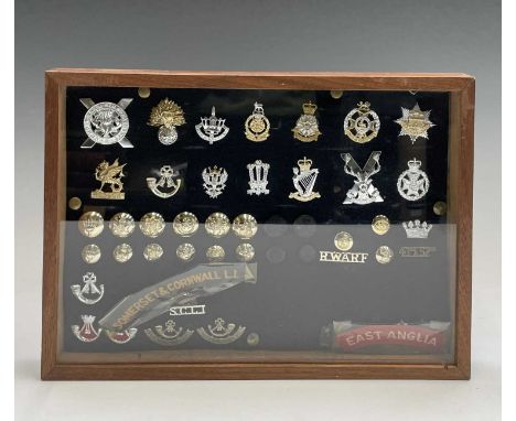 Staybrite badges, etc. Comprising a board mounted framed and glazed display of badges, collar dogs, shoulder titles and butto
