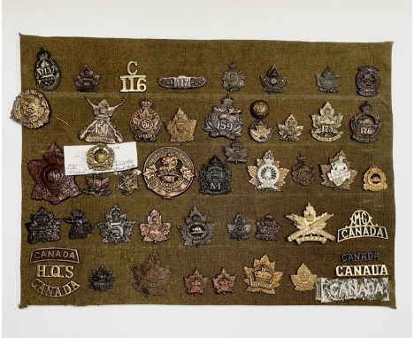 Canadian Experditionary Forces 113-241 Battalions. A display card containing cap badges, collar dogs, shoulder titles and but