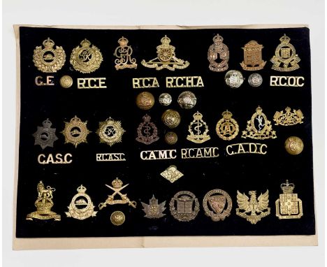 Canadian Corps and A.T.C's. A display card containing cap badges, collar dogs, shoulder titles and buttons. Noted: McMaster C