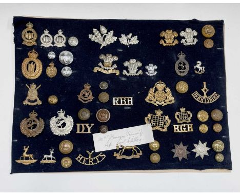 Miscellaneous - 3 (mainly Yeomanry). A display card containing cap badges, collar dogs, shoulder titles and buttons. Noted: W