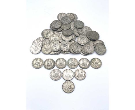 Great Britiain 1/- King George V 1920-1927 period (pre 1947 silver) (x73) Comprising 10 in circa F or n.VF grade: 1920 (x1), 