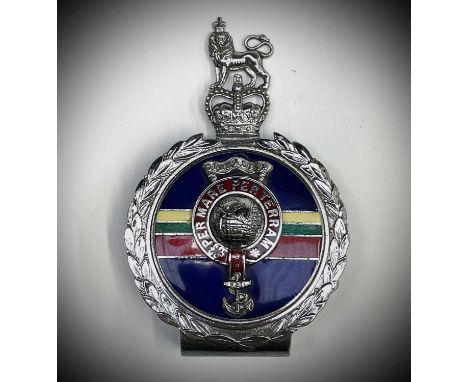 Royal Marines Car Badge. A Yorkshire Tea tin containing: A Royal Marines Car Badge by J R Gaunt in excellent condition with n