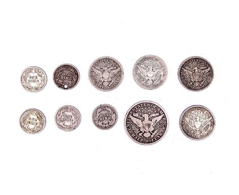 America - USA Silver Seated Liberty and Libery Head issues. 1st bag comprising: Seated Liberty Half Dollar: 1845 VF; 25 cents